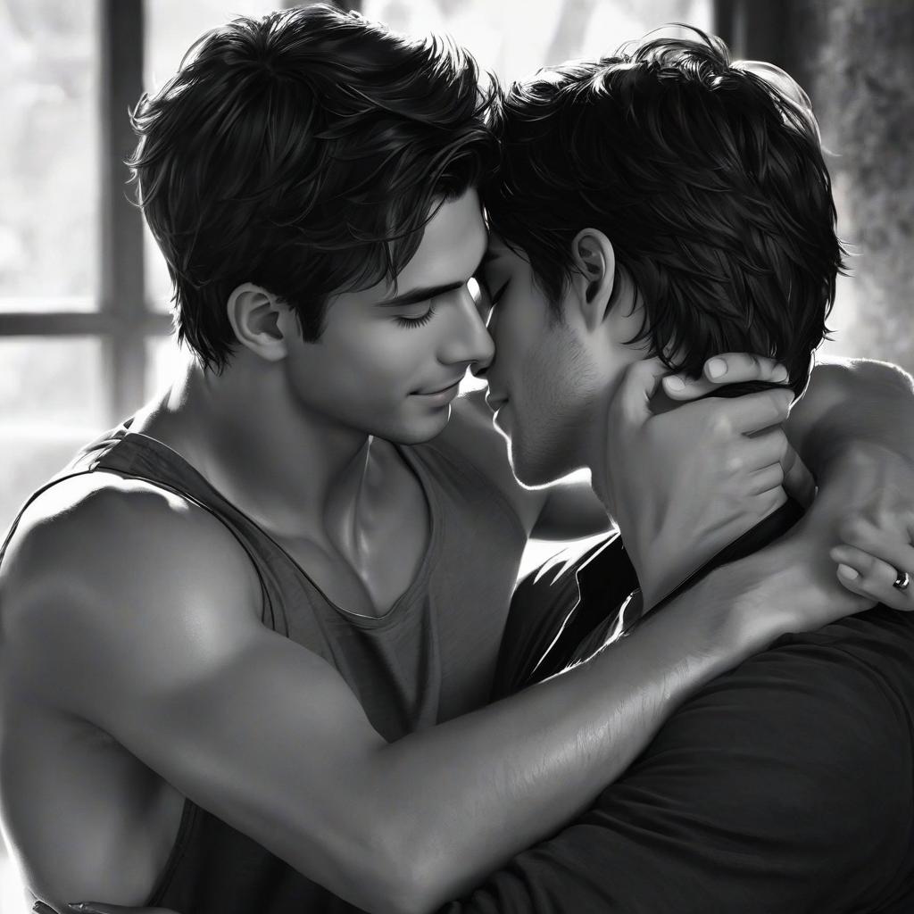  *damon smiled softly, his arms instinctively curling around clay as he pulled him close. he rested his chin atop clay's head, the warmth of his body seeping into the younger man's form. for a moment, he simply savored the closeness between them, the intimacy of the shared space.*