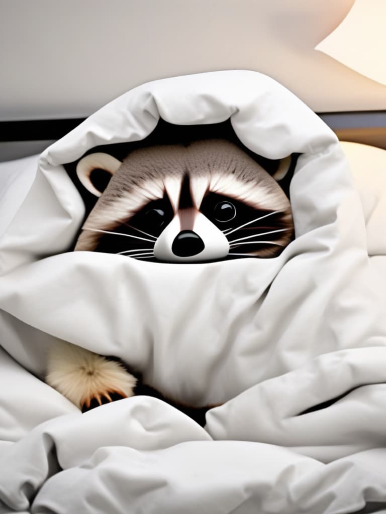  cute raccoon,in pajamas,in bed from holding a pillow,time to say goodnight,