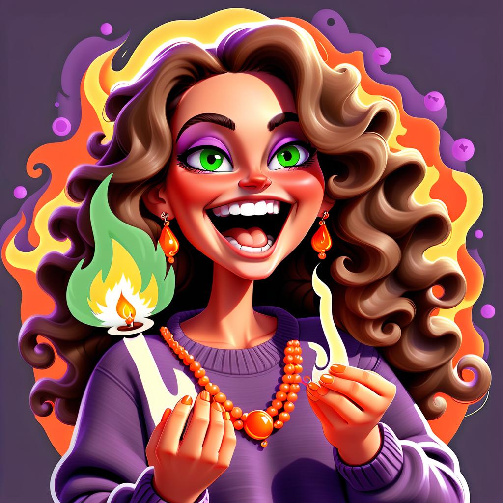  sticker on a white background a plump women with long dark brown curly wavy hair green eyes in a purple sweater and orange bright beads with lots of jewelry holds a flame in her hand and laughs a sticker with high detail completely framed stickers, sticker