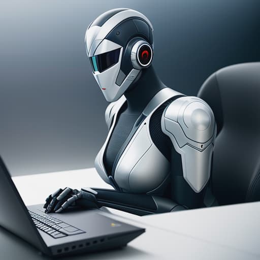  A futuristic robot hunched over a computer keyboard. hyperrealistic, full body, detailed clothing, highly detailed, cinematic lighting, stunningly beautiful, intricate, sharp focus, f/1. 8, 85mm, (centered image composition), (professionally color graded), ((bright soft diffused light)), volumetric fog, trending on instagram, trending on tumblr, HDR 4K, 8K