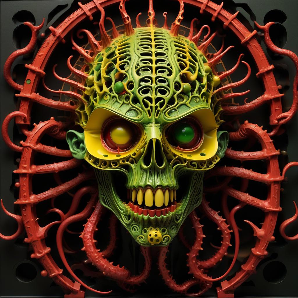  stacked papercut art of hellraiser whisperer giger demon looks scary prickly red watch in yellow smoke and green sparks suction cups tentacles eyes lower jaw sting tentacles claws and a terrible moan in red smoke in yellow rings of green steam the wound flows with mucus juice . 3d, layered, dimensional, depth, precision cut, stacked layers, papercut, high contrast