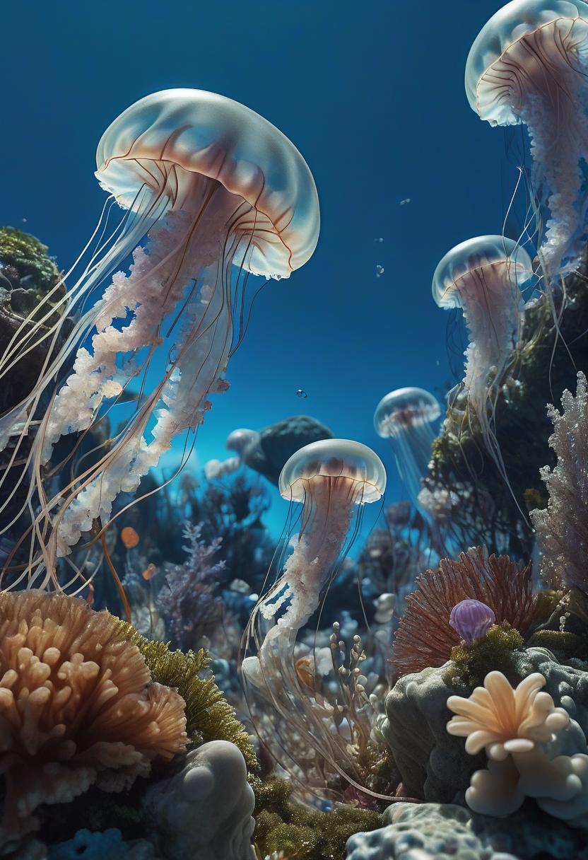  the photo of a surreal jellyfish machine floating in the left and right corners of the photo is clearly visible against the background of middleton and blue coral reefs with a landscape, organic shapes made of translucent materials and metallic shades, against the background of an alien blue sky. the scene includes wildflowers and other natural elements that seem to dissolve into shapes, creating a fabulous atmosphere. in the foreground is a scattering of small stones covered with moss like patterns that add depth to the composition, blue tones, hkmagic