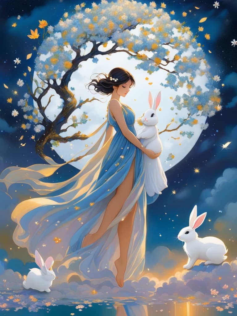  the image depicts a fairy like woman wearing a blue dress and holding a white bunny in her arms. she appears to be floating gracefully among the clouds in a nighttime setting. there are multiple flowers scattered throughout the image, adding to the peaceful atmosphere. the woman and the bunny are the main focus of the scene, creating a sense of harmony and enchantment.