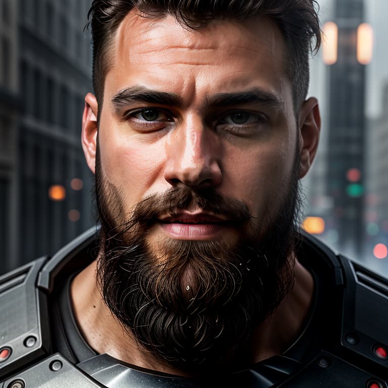  close up portrait photo of muscular bearded guy in a worn mech suit, intricate, (steel metal [rust]), elegant, sharp focus, photo by greg rutkowski, soft lighting, vibrant colors, masterpiece, ((streets)), detailed face hyperrealistic, full body, detailed clothing, highly detailed, cinematic lighting, stunningly beautiful, intricate, sharp focus, f/1. 8, 85mm, (centered image composition), (professionally color graded), ((bright soft diffused light)), volumetric fog, trending on instagram, trending on tumblr, HDR 4K, 8K