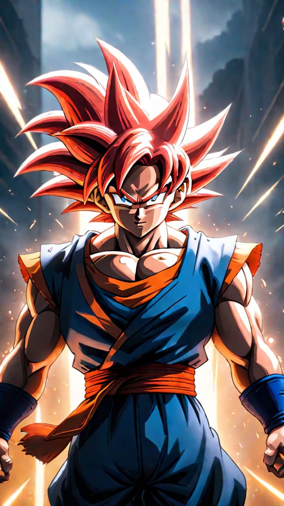  an anime image of goku from dragon ball showcasing his 'ultra instinct god' transformation, with iridescent silver and red hair, crackling aura, and powerful energy. hyperrealistic, full body, detailed clothing, highly detailed, cinematic lighting, stunningly beautiful, intricate, sharp focus, f/1. 8, 85mm, (centered image composition), (professionally color graded), ((bright soft diffused light)), volumetric fog, trending on instagram, trending on tumblr, HDR 4K, 8K