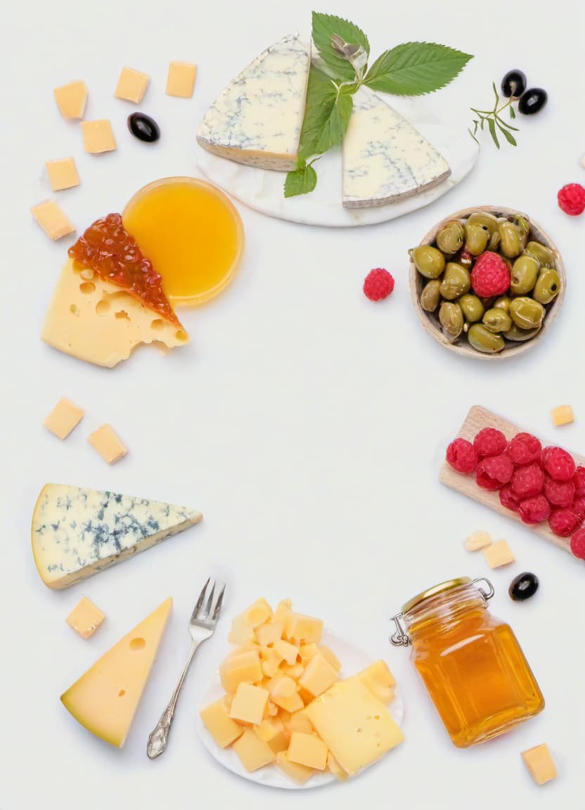  a beautiful composition of several types of cheese on the table, as well as honey and raspberry jam, several raspberries and olives, film photography style