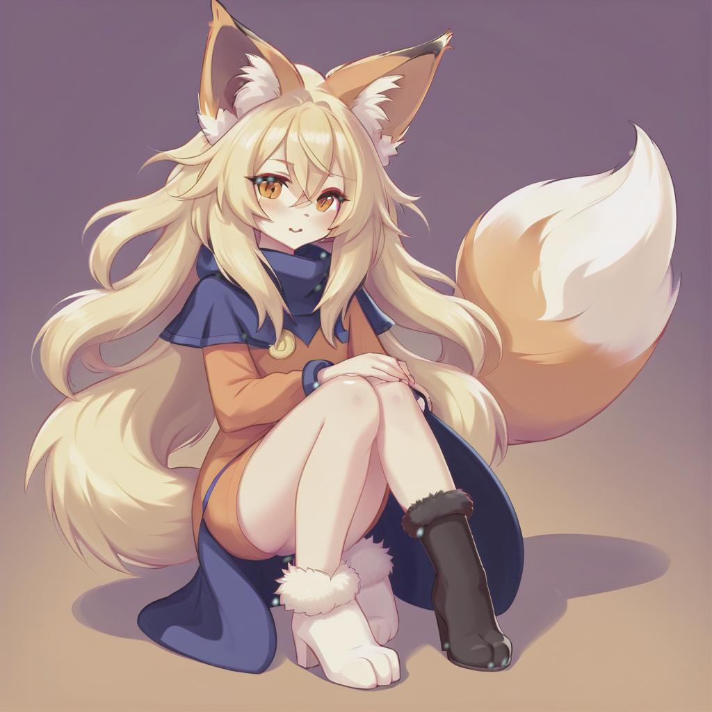  short stature, blonde goddess fox, very huge , very huge , big fluffy ears, and a giant fluffy tail, haircut kare, and fluffy fur on the 