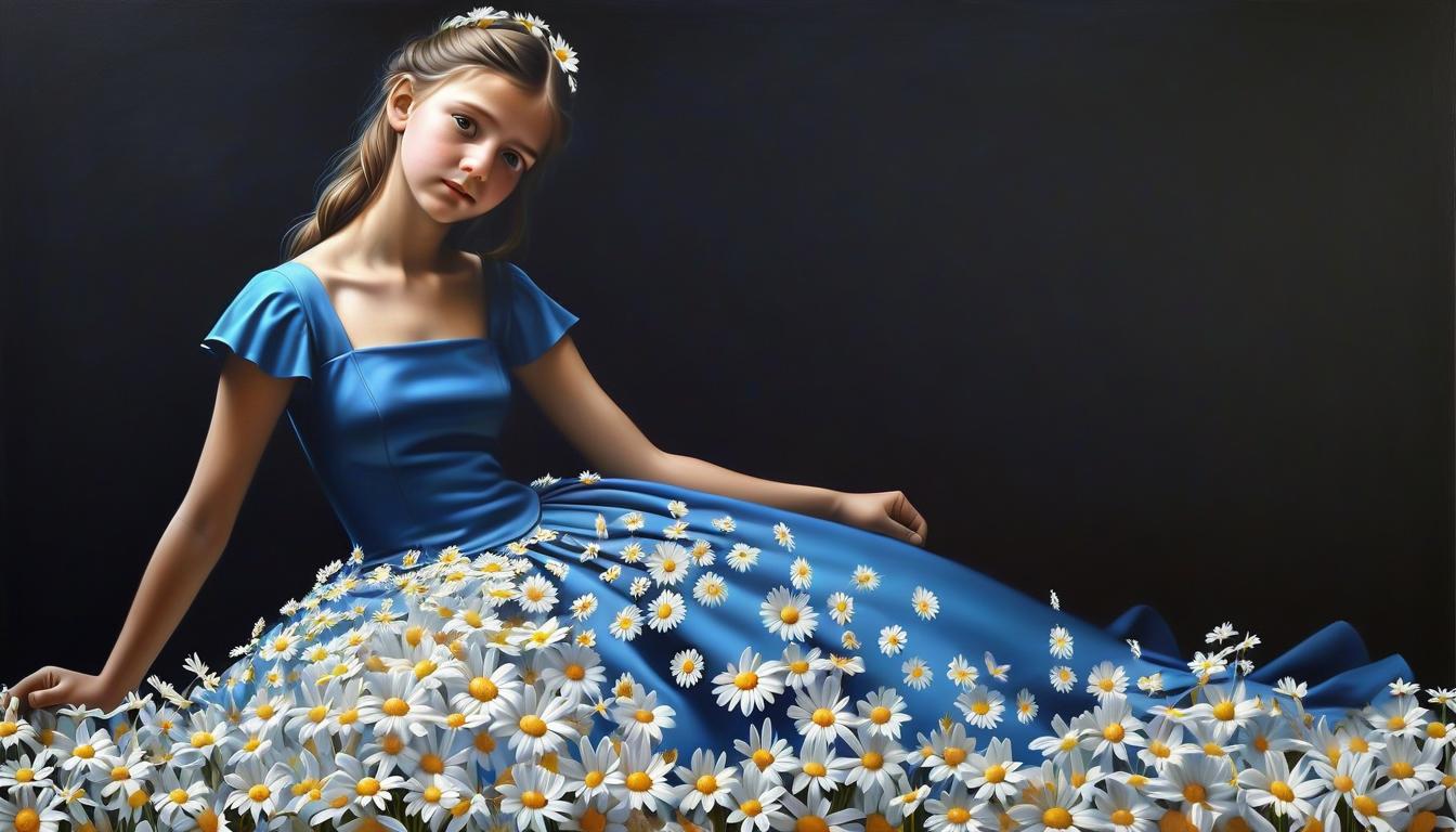  hyperrealistic art a girl in a blue dress, the dress depicts a lot of daisies. it's dark. . extremely high resolution details, photographic, realism pushed to extreme, fine texture, incredibly lifelike, perfect hands