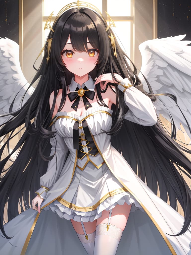  super long long hair, garter stocking, round spell, beautiful girl, camisole, gold eyes, hair wave hair, black hair, white wings, angel ring on heads, masterpiece, best quality,8k,ultra detailed,high resolution,an extremely delicate and beautiful,hyper detail