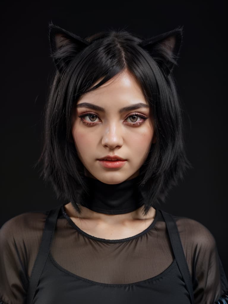  black hair, shortcut, cat ears, black clothes, red eyes, black background, masterpiece, best quality,8k,ultra detailed,high resolution,an extremely delicate and beautiful,hyper detail