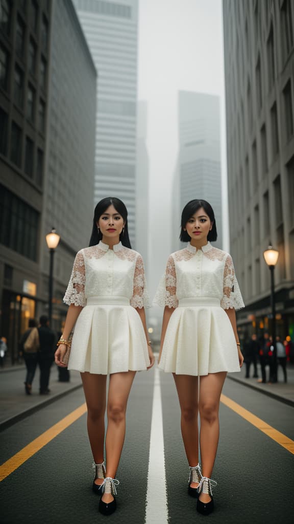 photo beautiful twins, hyperrealistic, high quality, highly detailed, cinematic lighting, intricate, sharp focus, f/1. 8, 85mm, (centered image composition), (professionally color graded), ((bright soft diffused light)), volumetric fog, trending on instagram, HDR 4K, 8K
