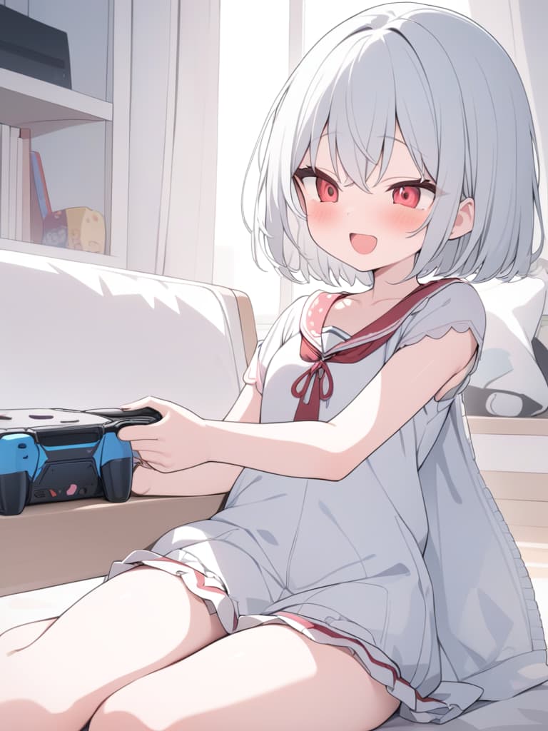  cute, silver hair, red eyes, sharp lines, girls, short haired, game consoles, loli, laughing, masterpiece, best quality,8k,ultra detailed,high resolution,an extremely delicate and beautiful,hyper detail