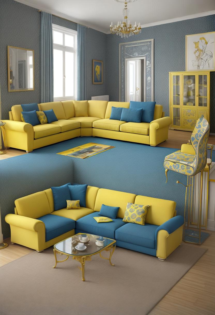 l type corner sofa having blue and yellow combination in a drawing room,and an beautiful aquariem present beind that sofa in that drwing room, and a sqare shape tea tabel , a brown carpet also there
