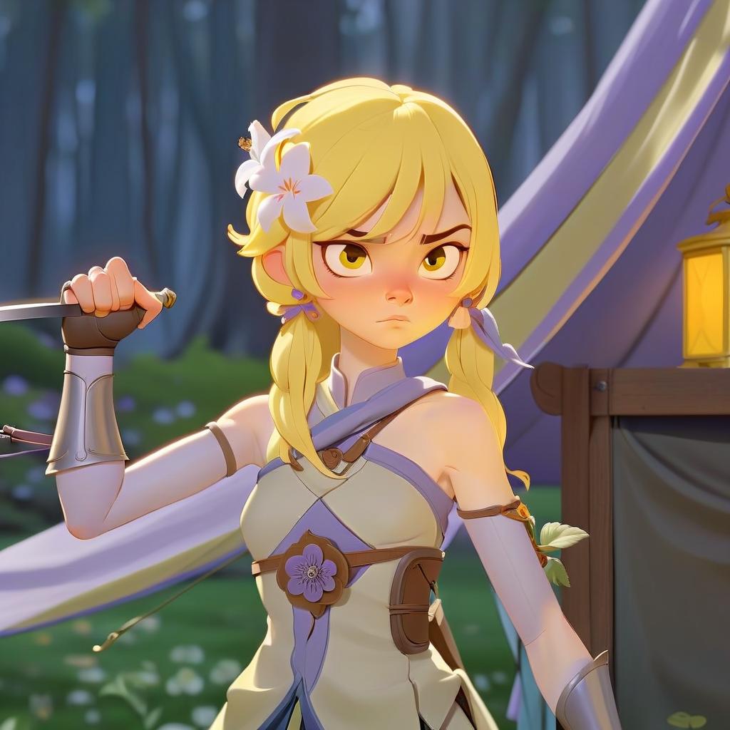  the girl looks to the right, her right hand is turned with her thumb to her face, a one handed sword hangs on her back, a flower is attached to her head, her hair is yellow, in the background one box is on the right and two are on the left, on the top right stretches a fabric from the tent to the lower left corner, perfect hands, hkmagic