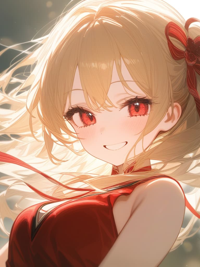  high school girl, red eyes, red ribbon hair accessories, blonde, short, red dress, smiling, energetic, masterpiece, best quality,8k,ultra detailed,high resolution,an extremely delicate and beautiful,hyper detail