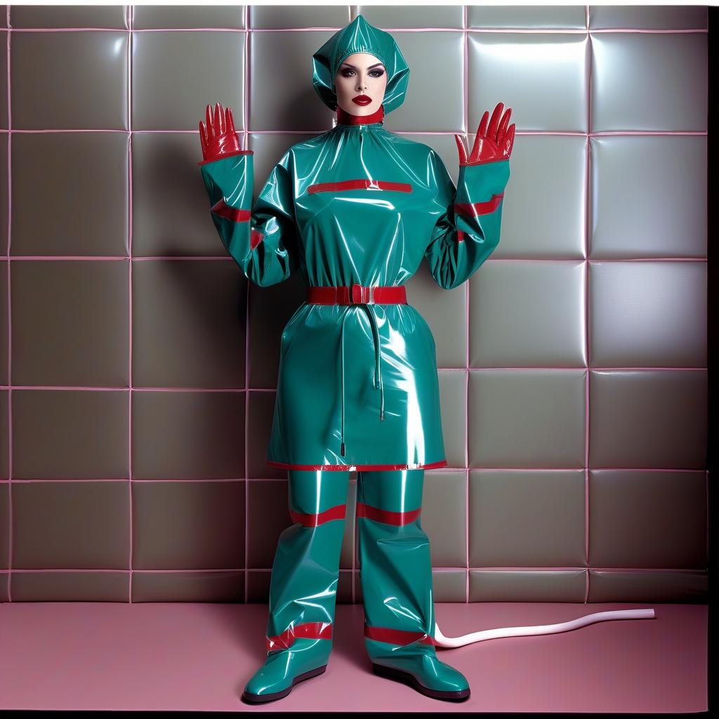  "hyperdetalisation, woman, mistress surgeon, in dressed three color surgical suit, made of glossy latex, standing alone, full length, front view, full face, dressed in, surgical gown, knee length, with elastic waistband, long sleeves, with elastic cuffs, upper part of surgical gown, (from collar to waist), glossy latex dark green, belt at waist, glossy latex red, lower part of surgical gown, (from hem to waist), glossy latex dark blue, in the center of the surgical gown there is an emblem in the form of surgical forceps "burdizzo", upper part of sleeve, (from shoulder to elbow), glossy latex dark blue, lower part of sleeve, (from elbow to cuff), glossy latex dark green, cuffs on sleeve, glossy latex red, (bib with collar), made of glossy d