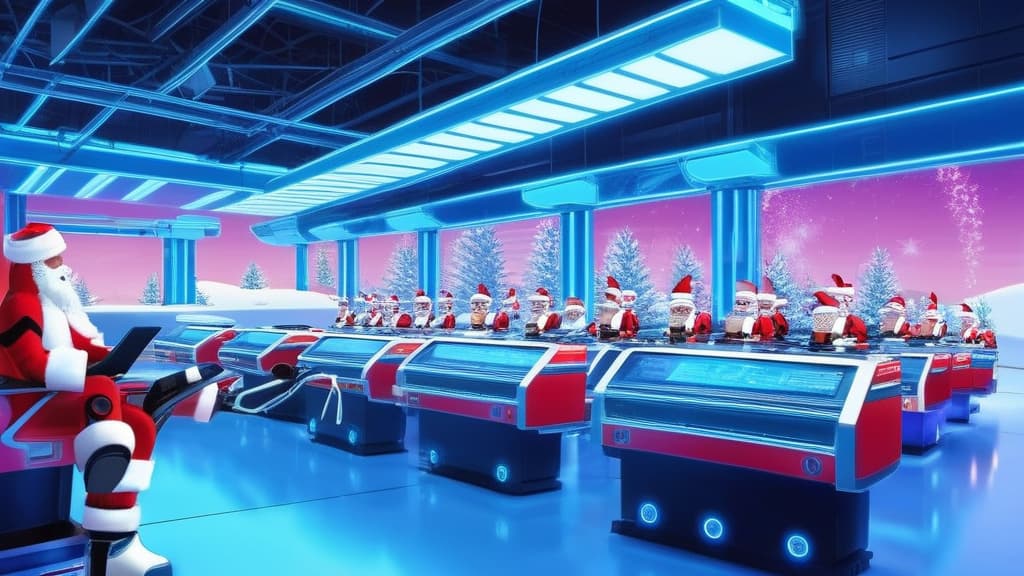  cybernetic style, Santa Claus gift factory, machines, conveyors, New Year's decorations ar 16:9 , futuristic, technological, cybernetic enhancements, robotics, artificial intelligence themes