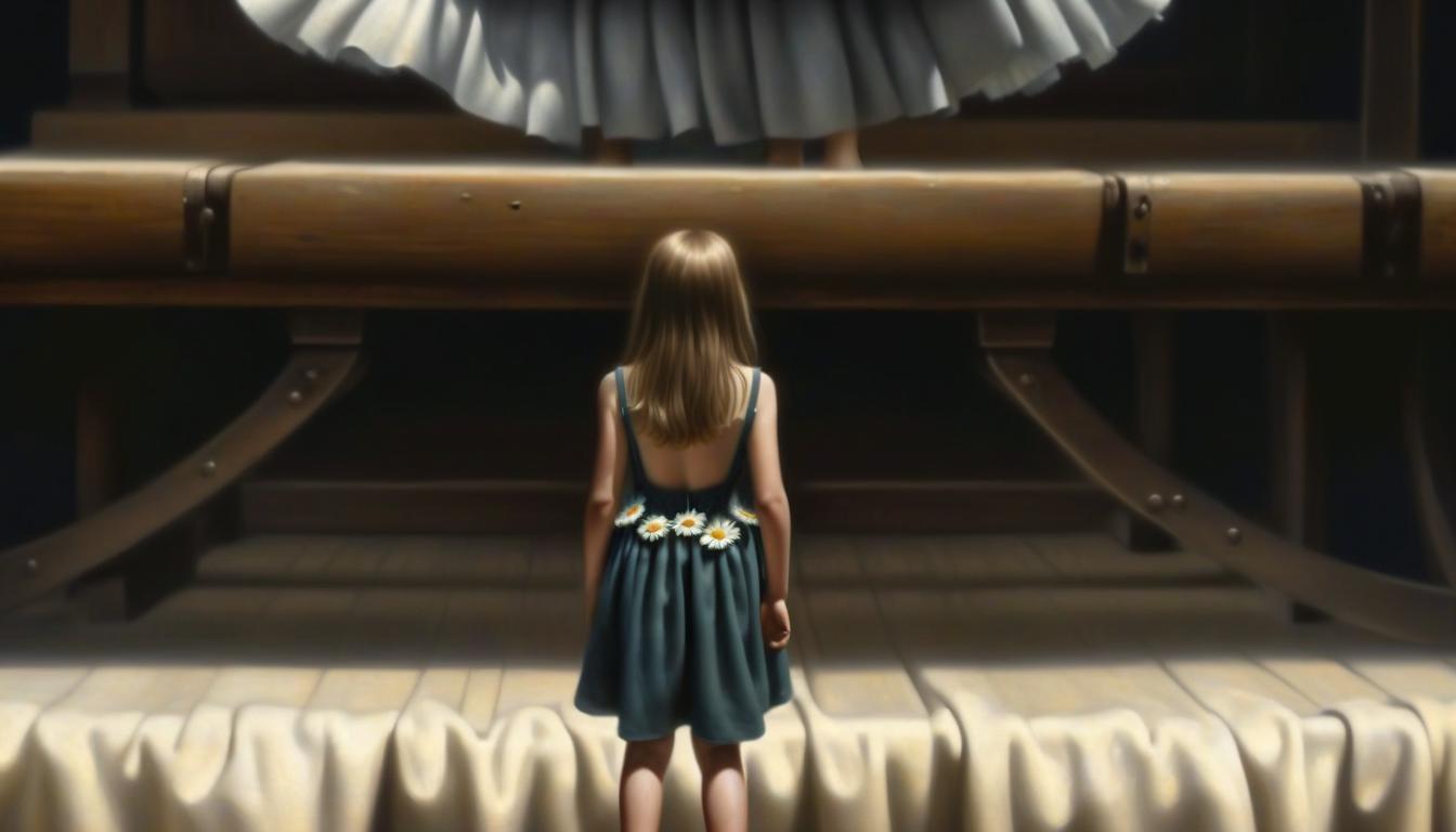  hyperrealistic art the girl in the dress, the dress depicts daisies, the girl herself stands on the old stage. show only her torso, a little leg and part of the scene . extremely high resolution details, photographic, realism pushed to extreme, fine texture, incredibly lifelike, perfect hands