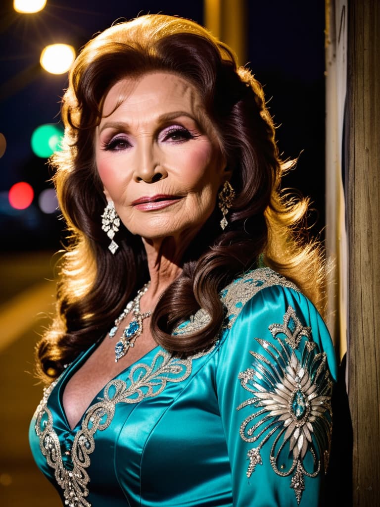  The young country singer Loretta Lynn, medium shot, upper body, spotlight, long exposure lighting, street art style spray paint, glamour lighting