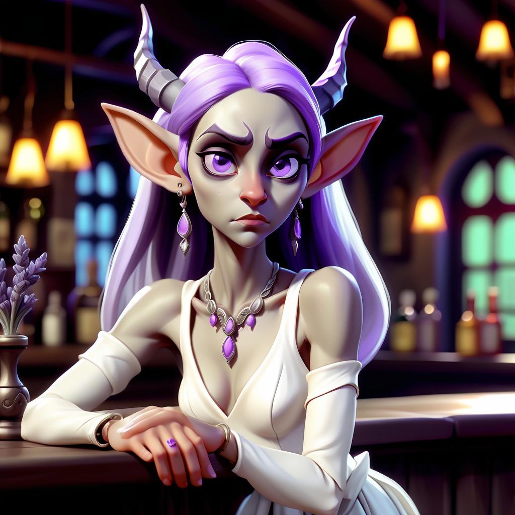  role playing game (rpg) style fantasy night elf with lavender color with long sharp ears with many earrings. dressed in a long white dress with jewelry. sitting behind a bar in a tavern. sad expression. . detailed, vibrant, immersive, reminiscent of high fantasy rpg games