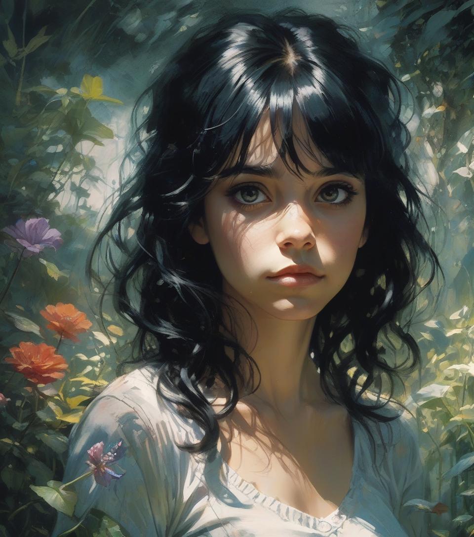  complex background, dramatic light,portrait of a girl , garden, beautiful and young, black hair , cute, delicate face, stunning, cinematic, by melanie delon, rebecca sugar, frank frazetta, carne griffiths.