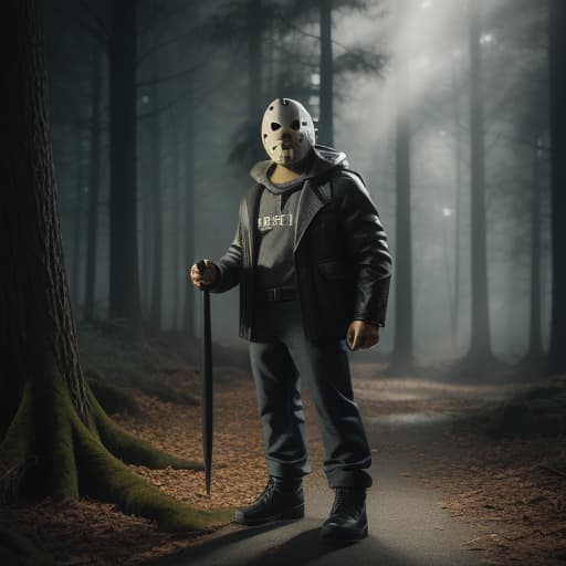   sized Jason Voorhees figure holding a doll who is also dressed like Jason Voorhees , ultra detailed, hyper focus, high res, unreal engine, masterpiece, horror theme, background s crib, , hyperrealistic, high quality, highly detailed, cinematic lighting, intricate, sharp focus, f/1. 8, 85mm, (centered image composition), (professionally color graded), ((bright soft diffused light)), volumetric fog, trending on instagram, HDR 4K, 8K