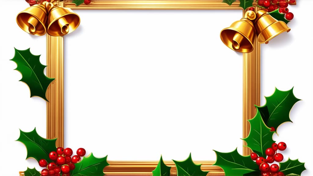  professional detailed photography, overhead view of a christmas style picture frame adorned with holly leaves red berries and golden bells featuring a festive red and green border isolated on a white background ar 16:9, (muted colors, dim colors, soothing tones), (vsco:0.3)