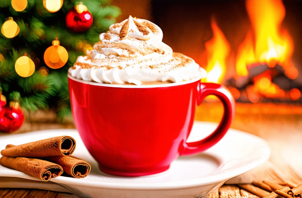  artwork christmas coffee in a red mug with whipped cream and cinnamon, cinnamon sticks nearby, bokeh in the background, cozy atmosphere, fireplace burning in the background ar 3:2, watercolor techniques, featuring fluid colors, subtle gradients, transparency associated with watercolor art