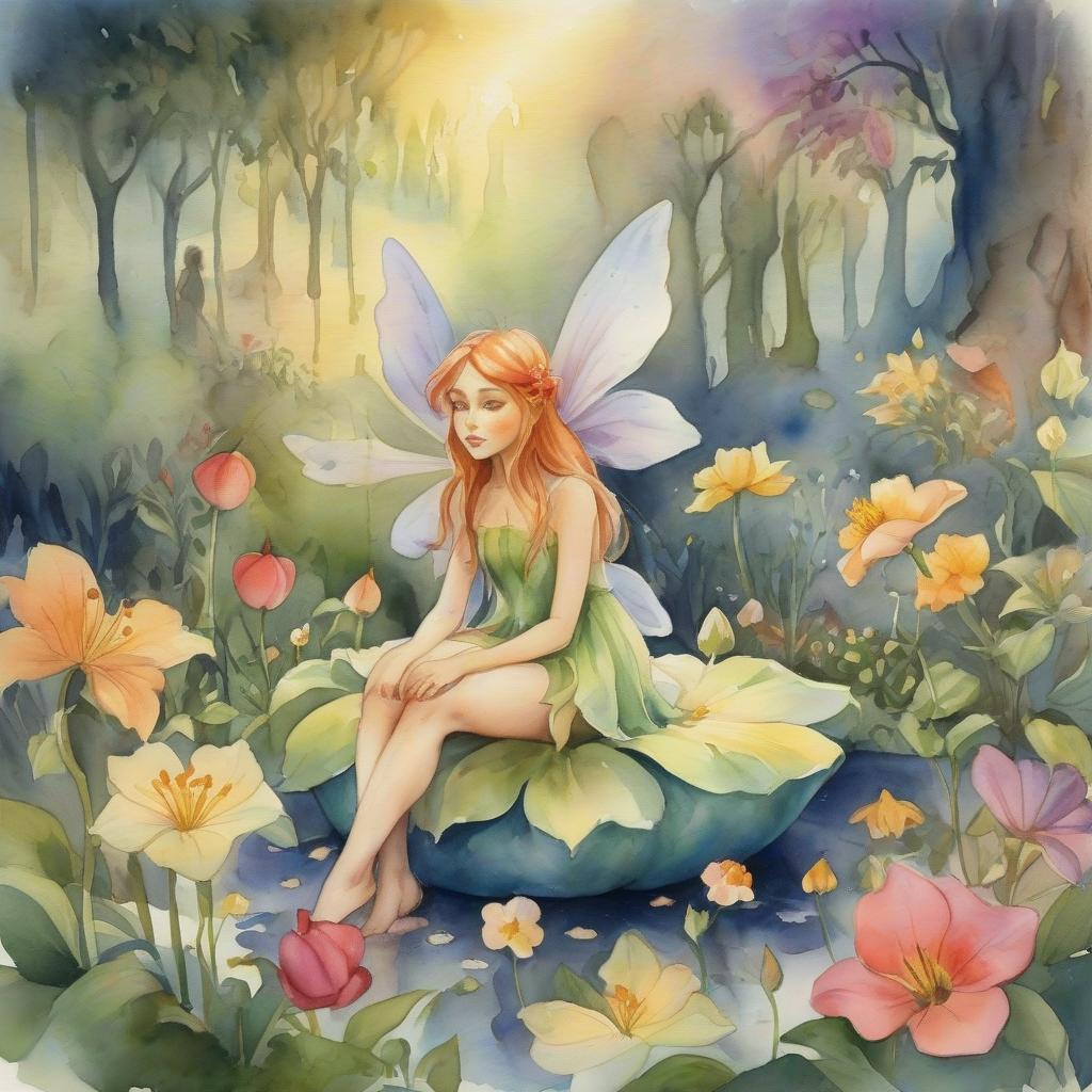  ethereal fantasy concept art of (watercolor: 1.4) miniature fairy tale girl thumbelina is sitting inside a flower. paradise garden, lots of flowers, trees, birds, , fabulous atmosphere, magic, . magnificent, celestial, ethereal, painterly, epic, majestic, magical, fantasy art, cover art, dreamy