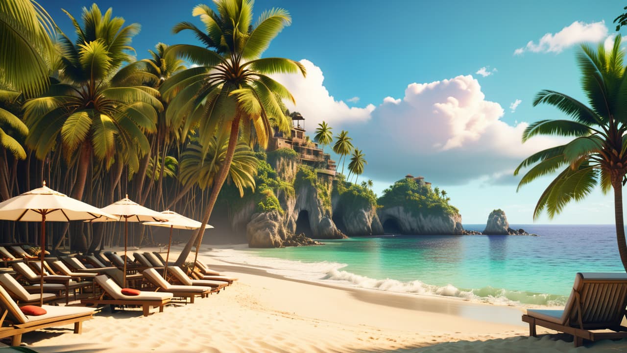  a vibrant landscape depicting iconic backpacking destinations: lush green mountains, a serene beach with palm trees, ancient ruins, and bustling local markets, all under a bright blue sky with fluffy white clouds. hyperrealistic, full body, detailed clothing, highly detailed, cinematic lighting, stunningly beautiful, intricate, sharp focus, f/1. 8, 85mm, (centered image composition), (professionally color graded), ((bright soft diffused light)), volumetric fog, trending on instagram, trending on tumblr, HDR 4K, 8K