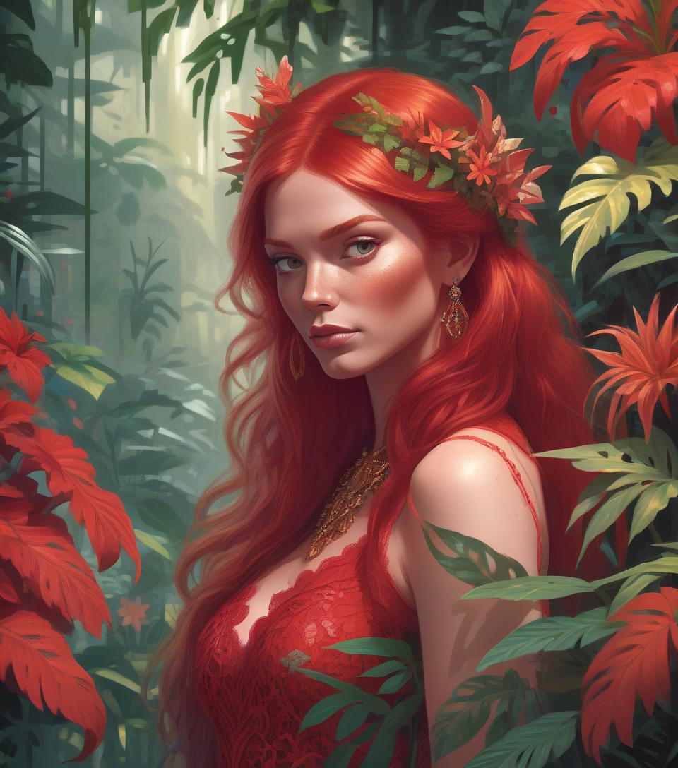  concept art portrait of beautiful red haired bohemian queen wearing red colour lace surrounded by jungle plants and flowers art by mike mayhew and mark brooks and ross tran 8k resolution . digital artwork, illustrative, painterly, matte painting, highly detailed