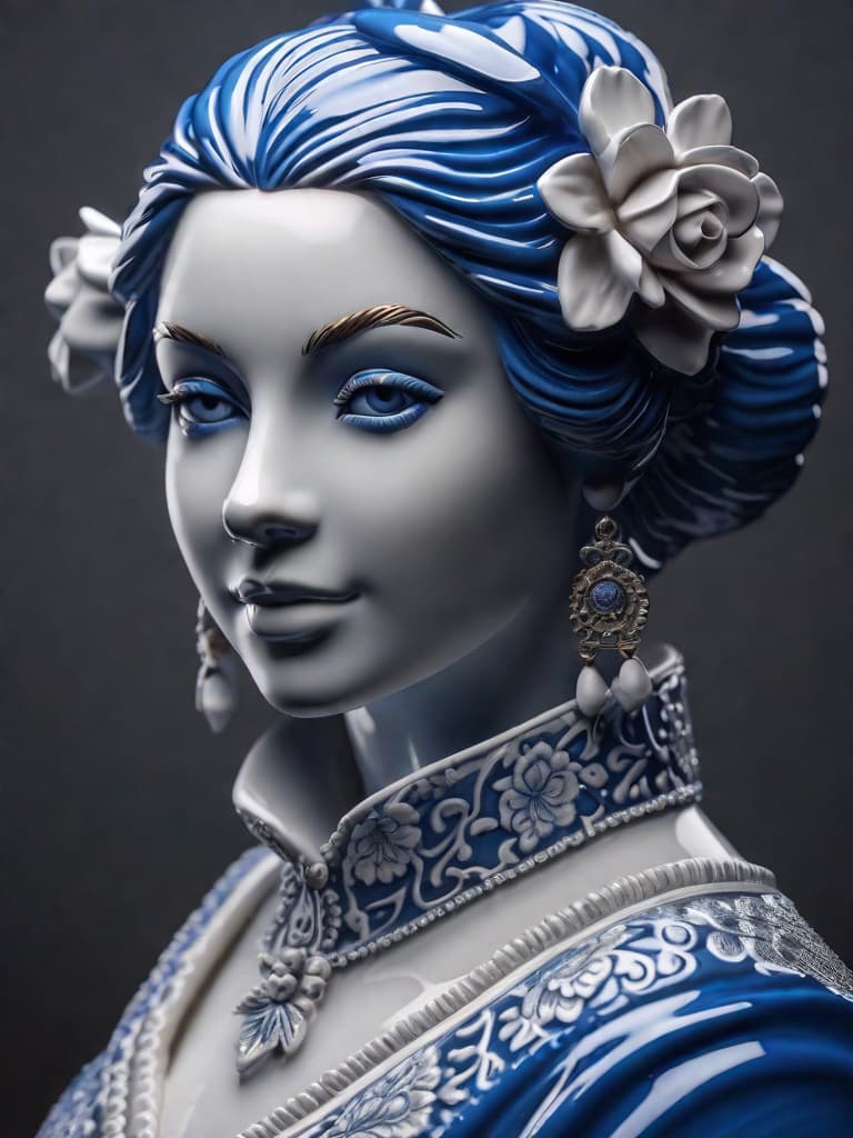  Close-up porcelain female figurine, looking to the camera, glossy surface, glaze, shiny, blue floral tattoos on her, dark gradient background, baroque dark style, hyperrealistic, CG society, intricate details