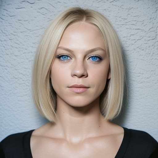  a woman with a short blond bob with blue eyes and a black top is posing for a picture in front of a wall, Alex Grey, superflat, profile picture, a polaroid photos