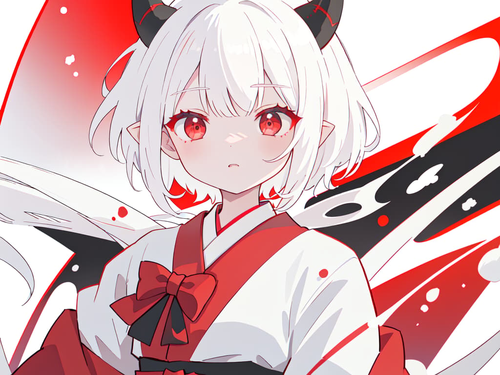  there are horns, girls, sharp ears, hakama, hits, short hair, white hair, dragon's daughter, red and white hakama, red eyes, black horns, whole body, masterpiece, best quality,8k,ultra detailed,high resolution,an extremely delicate and beautiful,hyper detail