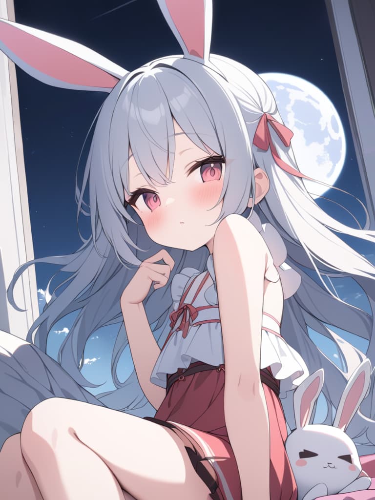  full moon, rabbit ear girls, cute, girls, loli, looking at the sky, night sky, stuffed rabbit, masterpiece, best quality,8k,ultra detailed,high resolution,an extremely delicate and beautiful,hyper detail