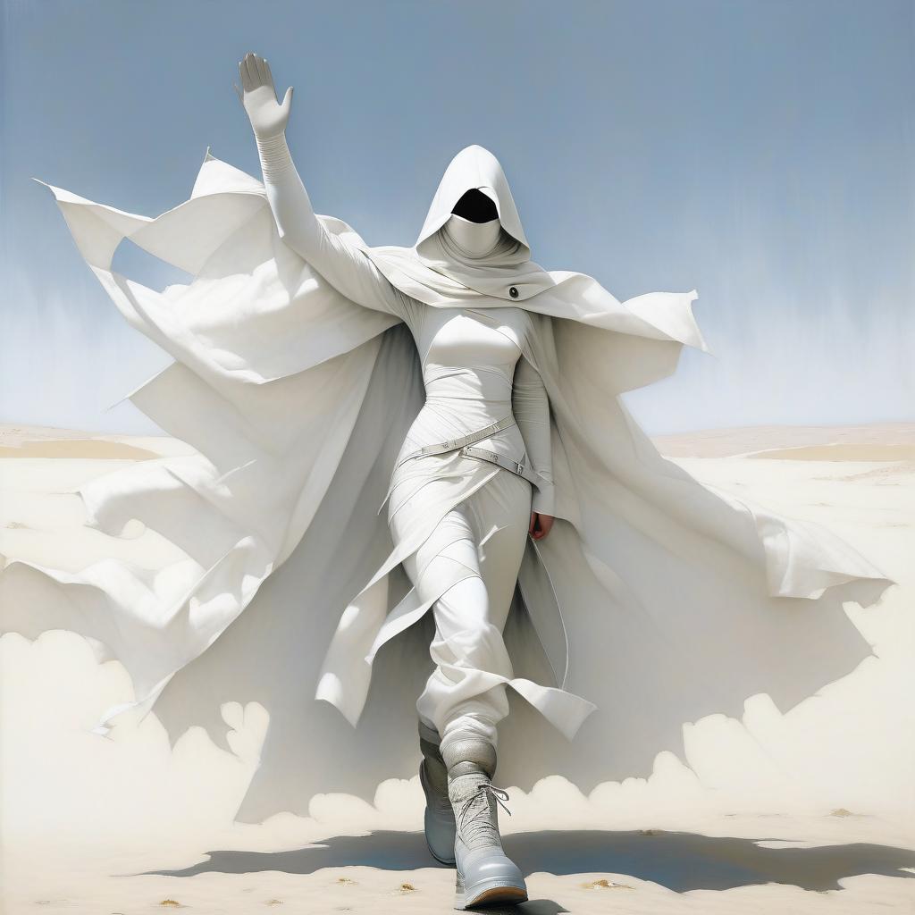  a very thin girl with a black spot instead of a face, with a white scarf on the lower part of her face, in a white reap suit of white bandages, in white gloves with natural fingers, in a white ragged cloak, with large round holes throughout the area of the cloak, in laced gray shoes, with arms raised. a pointed hood. large square silver buckles. three wide belts on the belt. gray laced shoes.