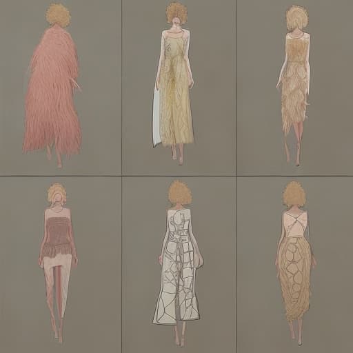  four sets of costume design drawings. the main emphasis is on the sustainability of materials while incorporating natural elements and textures to present a modern and environmentally friendly fashion sense through simple design lines and colours.