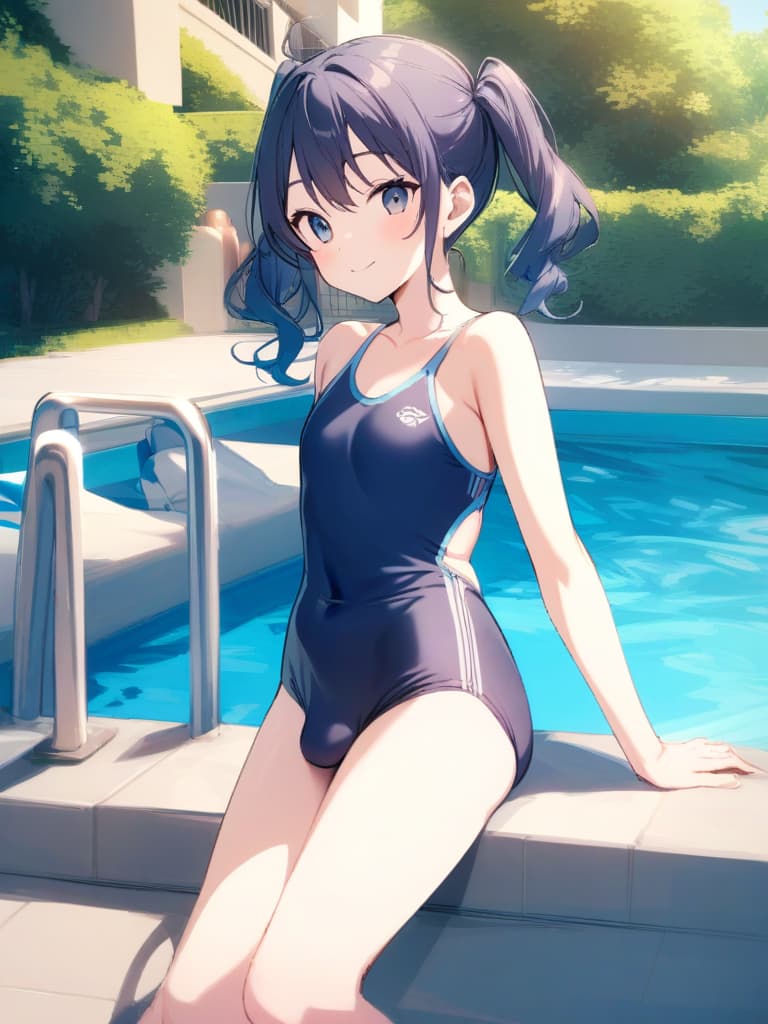  women's elementary students, twin tails, rich smiles, cute smiles, navy blue swimwear, old swimwear, swimwear, simple, male, shaped clear , shaped clear, clear stem, shaped crisp, male bulge,, front. the whole body, pool side,