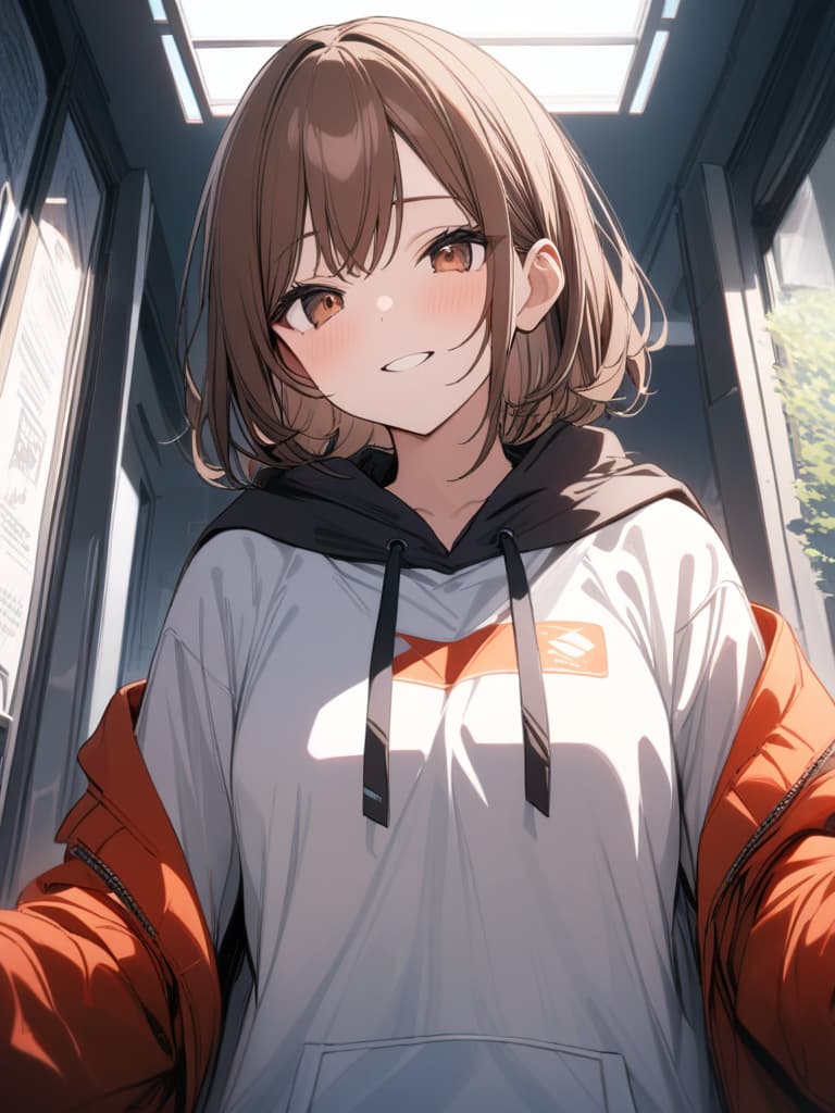  brown hair, bob, brown eyes, smiles, hoodie, masterpiece, best quality,8k,ultra detailed,high resolution,an extremely delicate and beautiful,hyper detail