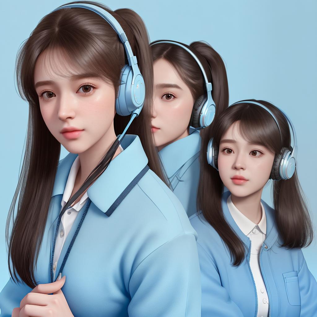  masterpiece, best quality, A young fashionable office girl, with a high ponytail, fluffy hair, headphones, clean light blue background, in Unreal Engine 5 style, object portrait expert, animated gif, Grandparent core, detailed design, realistic characters, detailed technology, C4D, --ar 3:4