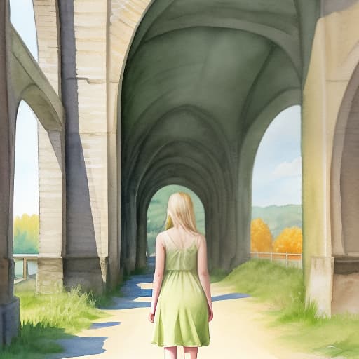  watercolor drawing: girl blonde from the back in a long green dress in the middle of a provincial bridge over the river, a sunny autumn day, green and beige tones, blurred background, beige haze, pastel tones