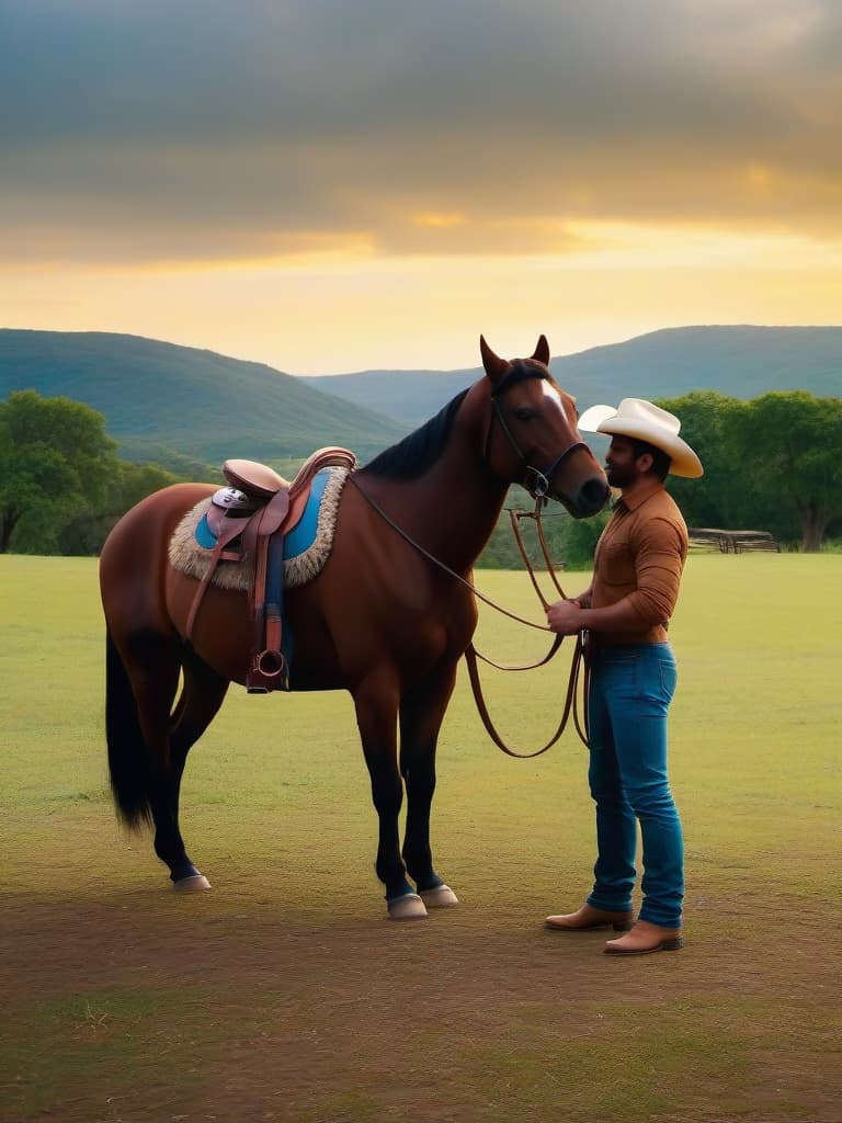  a man wearing a cowboy hat, kneeling down next to a brown and white horse. he is holding the horse's reins, possibly preparing to ride or train the horse. the man is positioned in the center of the image, with the horse occupying the lower half of the frame. in the background, there are a few other people and objects, including a chair and a backpack. the chair is located on the left side of the image, while the backpack is situated near the center. the scene appears to be set in a ranch or a similar outdoor environment.