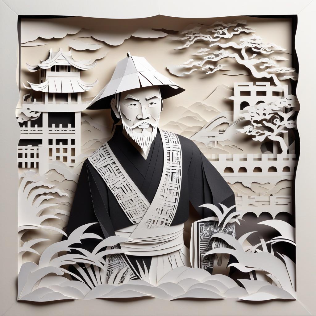  kirigami representation of black and white painting: portrait of a chinese peasant against the background of the great wall of china . 3d, paper folding, paper cutting, japanese, intricate, symmetrical, precision, clean lines