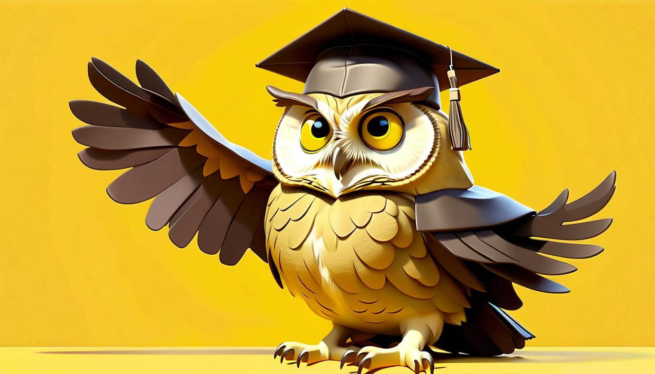  cartoon owl in a square academic cap on a yellow background