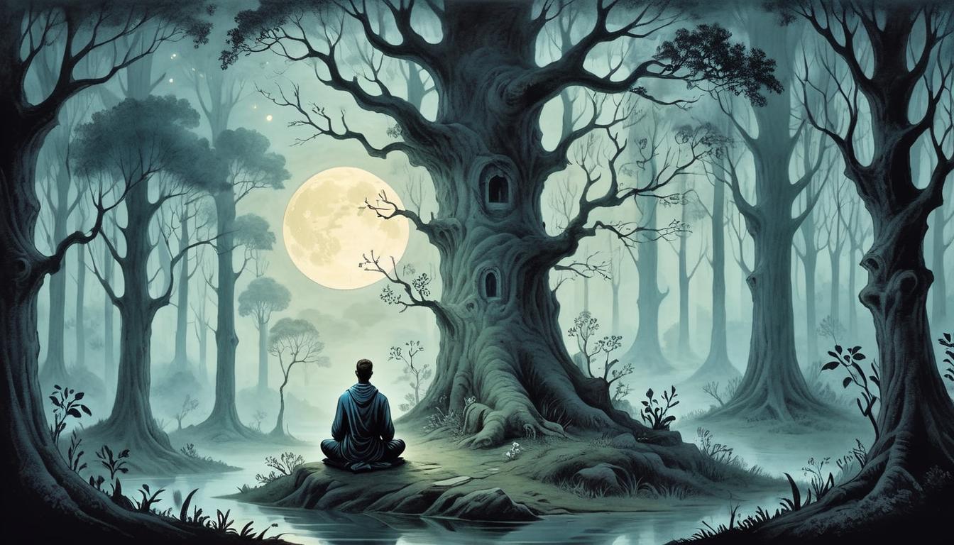  on parchment, surrealism+++, a tranquil forest with soft moonlight, a figure sits alone meditating, shadows watch from afar, peace, solitude(mysterious, provocative, symbolic,muted color)+++