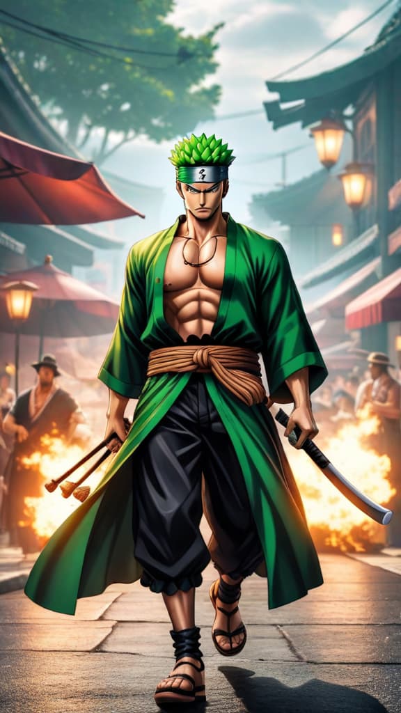  anime art: zoro with ashura technique faces off against yonko like kaido or big mom. hyperrealistic, full body, detailed clothing, highly detailed, cinematic lighting, stunningly beautiful, intricate, sharp focus, f/1. 8, 85mm, (centered image composition), (professionally color graded), ((bright soft diffused light)), volumetric fog, trending on instagram, trending on tumblr, HDR 4K, 8K