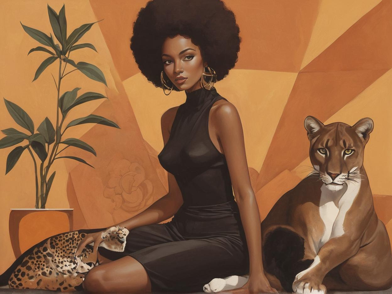  minimalism, a beautiful african woman with brown skin. with an afro. she wears a flowy black outfit. she is resting with a panther. a retro brown 70s flower design is in the background. a minimalist painting, abstract, simple geometic shapes, hard edges, sleek contours, minimalism