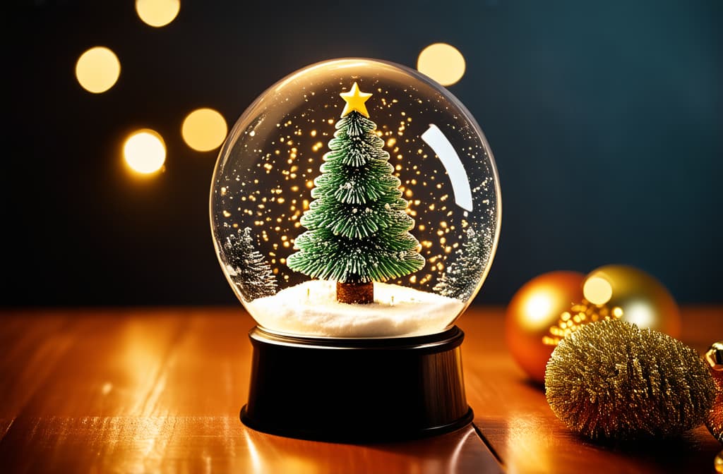  professional detailed photography, christmas snow globe with fir tree and golden decorations on wooden table. holiday background with bokeh lights. holiday decor. flat lay composition with copy space for design and print. ar 3:2, (muted colors, dim colors, soothing tones), (vsco:0.3)