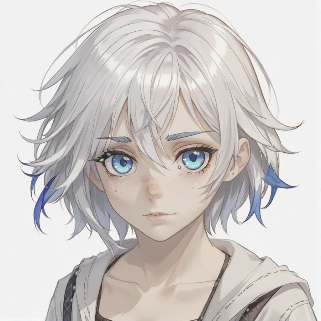  white haired girl, with realistic scars with blue eyes, short hair. the face has a long scar