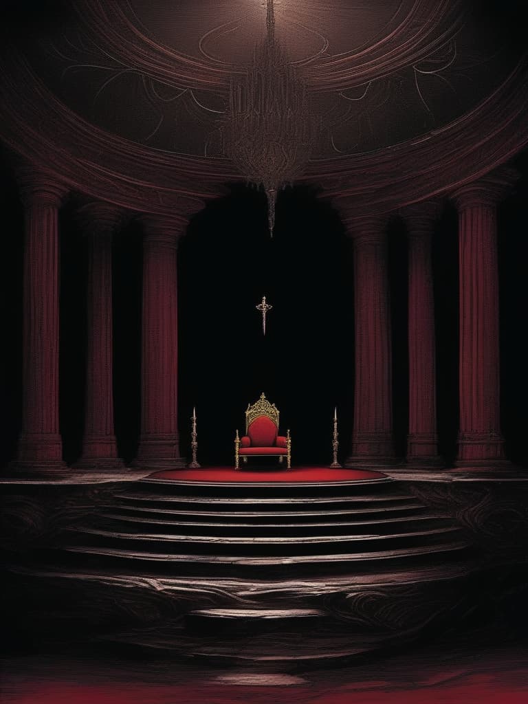  an audience chamber shrouded in pitch black darkness,a throne on the platform in crimson with gold ornamental borders,a brave man's sword piercing the throne,dark crimson curtains bordering the throne,an empty space,a space closed off by darkness,